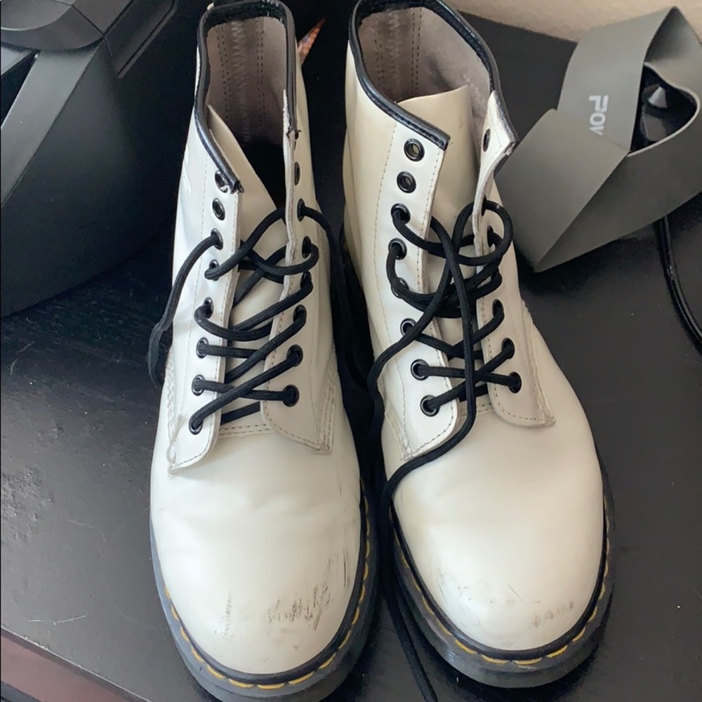 Dr. Martens White Leather Lace-Up Combat Boots with Black Laces